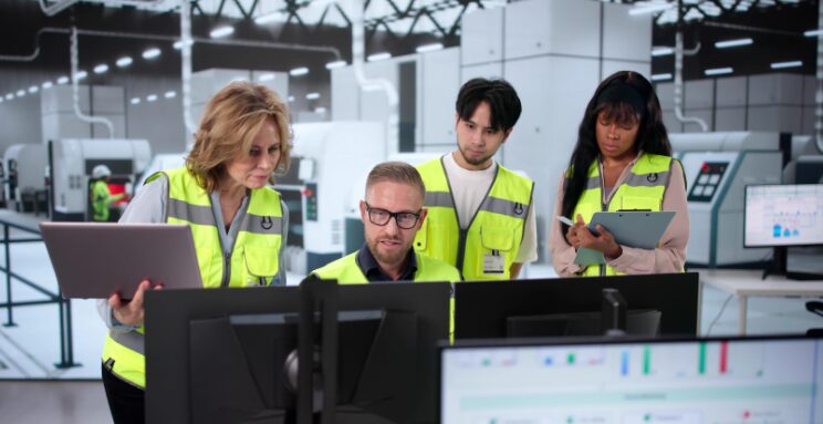 4 people in high vis vest working together