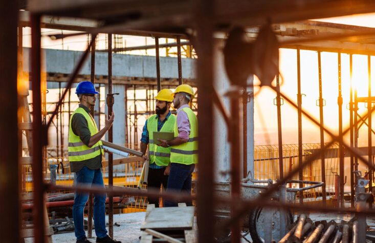 3 construction workers talking to each other at a construction site