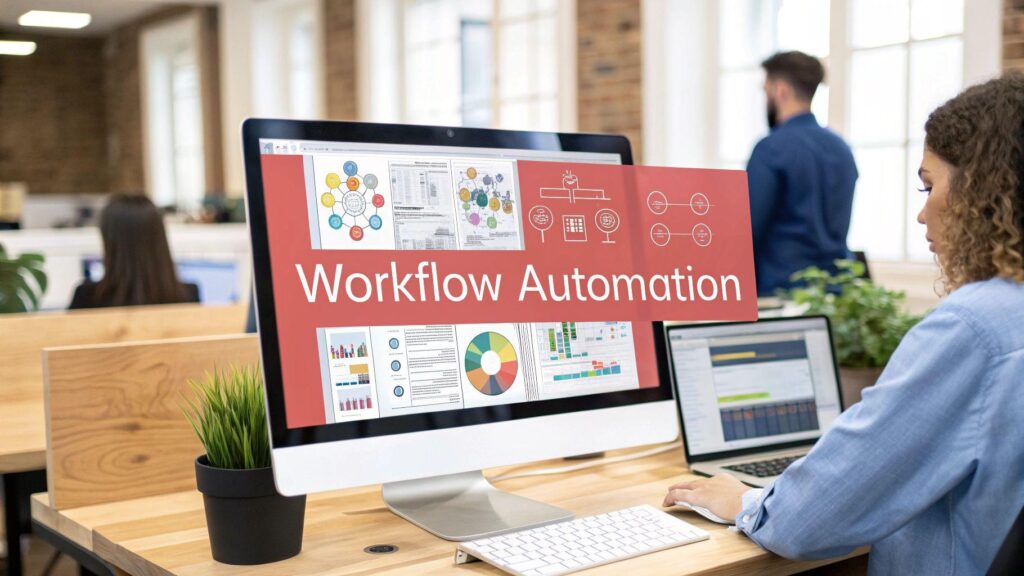 girl working on computer with screen saying workflow automation