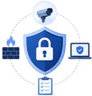 blue shield with a lock surrounded with security associated icons
