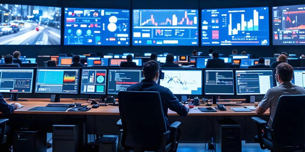 IT workers with graphs on different screens