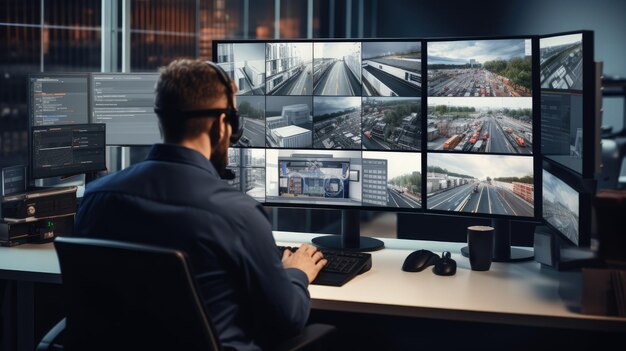 employee working with multiple monitors