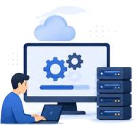 person in blue working on a server