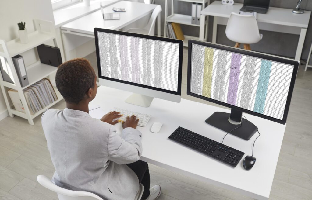 Employee viewing spreadsheets on two monitors