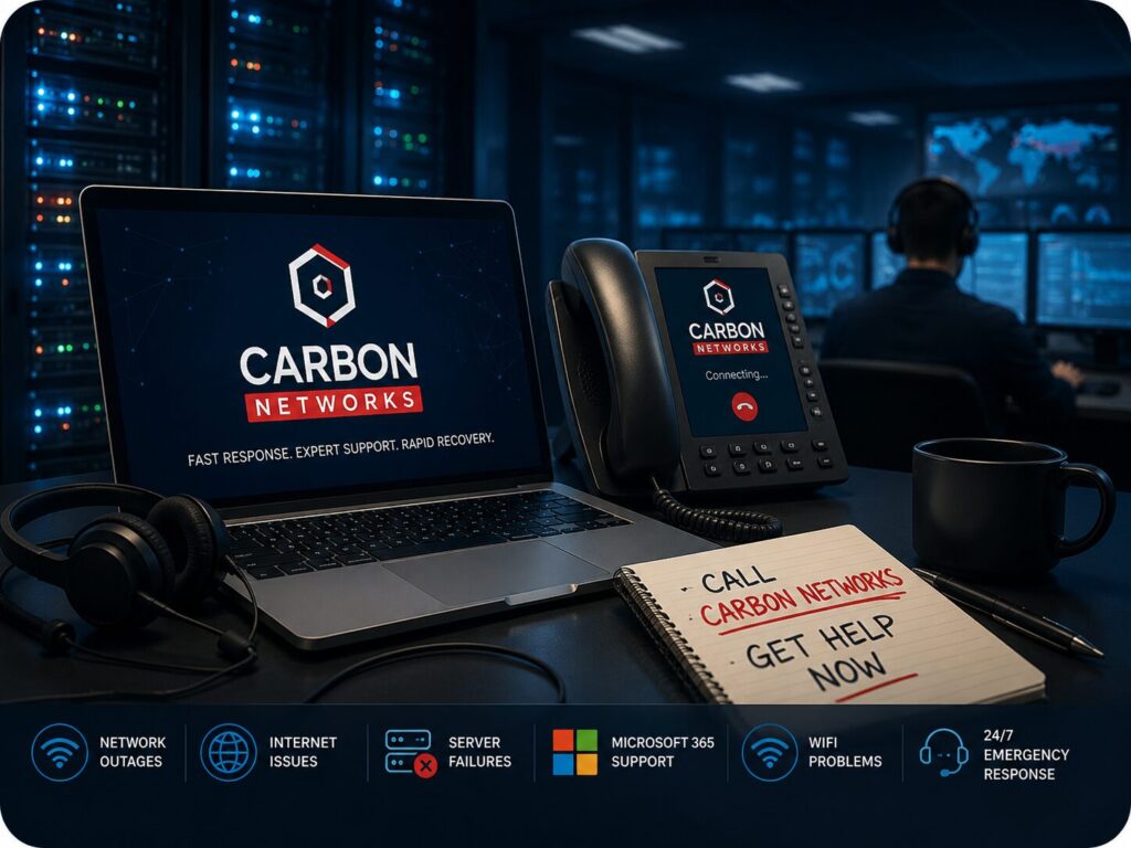 Carbon Network presented on a laptop and Voip phone