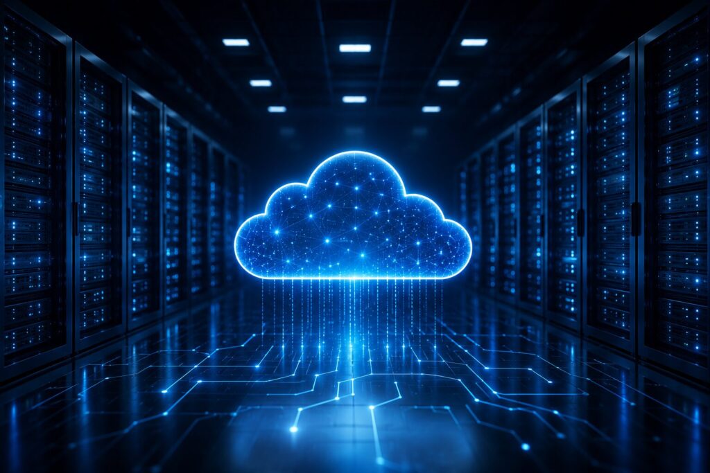 digital cloud in a server room
