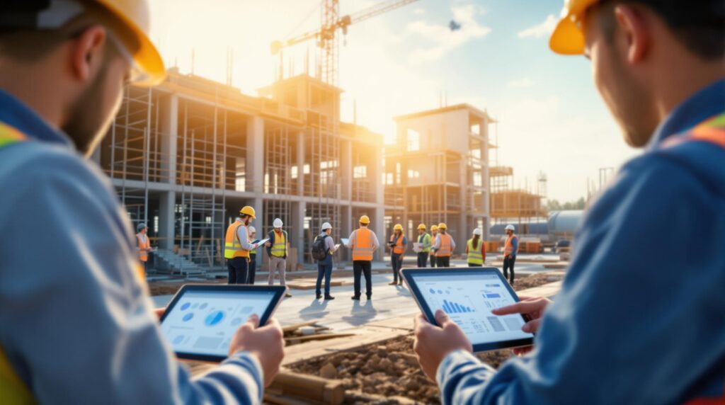 construction workings viewing work on a tablet