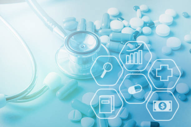 stethoscope with medicine on a table