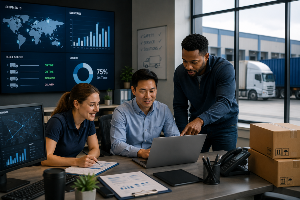 Logistics team working together on a laptop