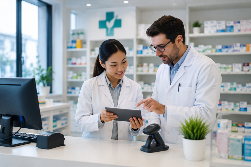 Two pharmacists looking at a tablet