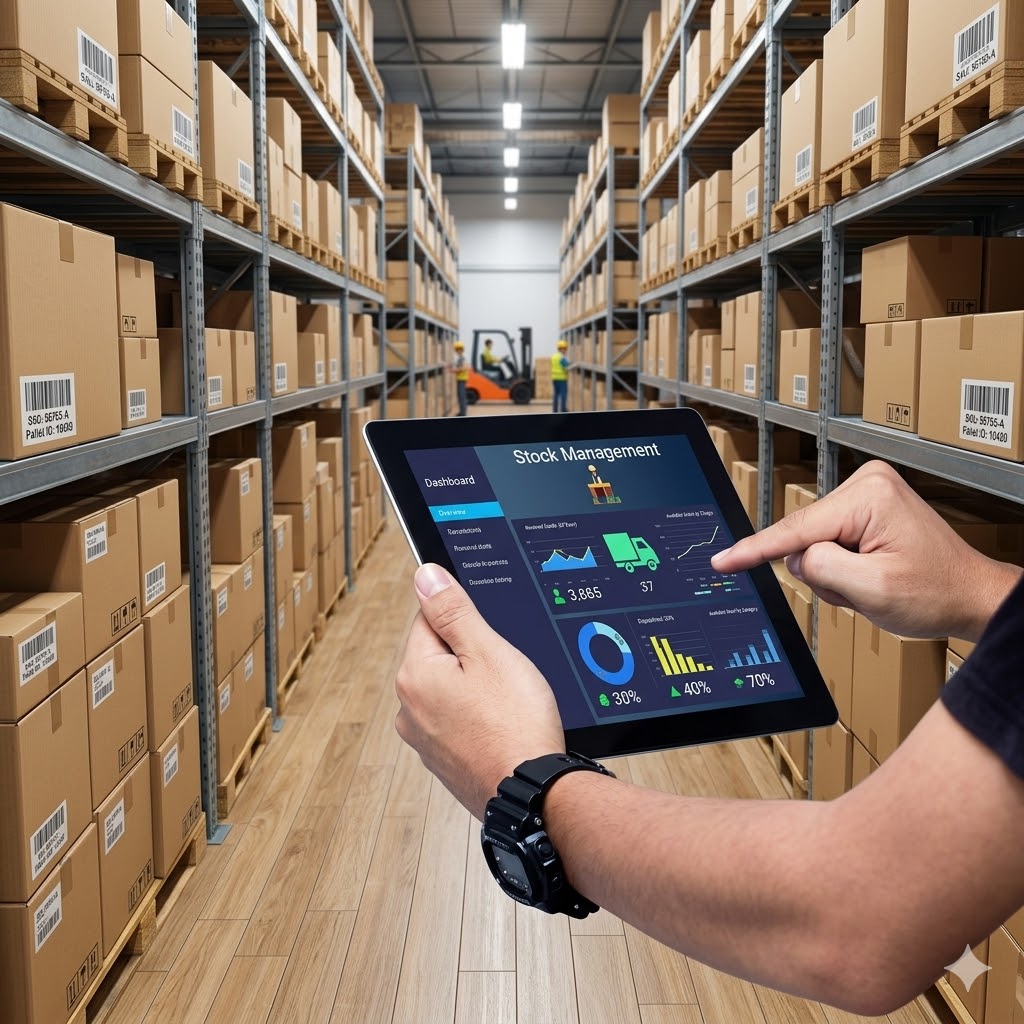 employee in a warehouse using a tablet