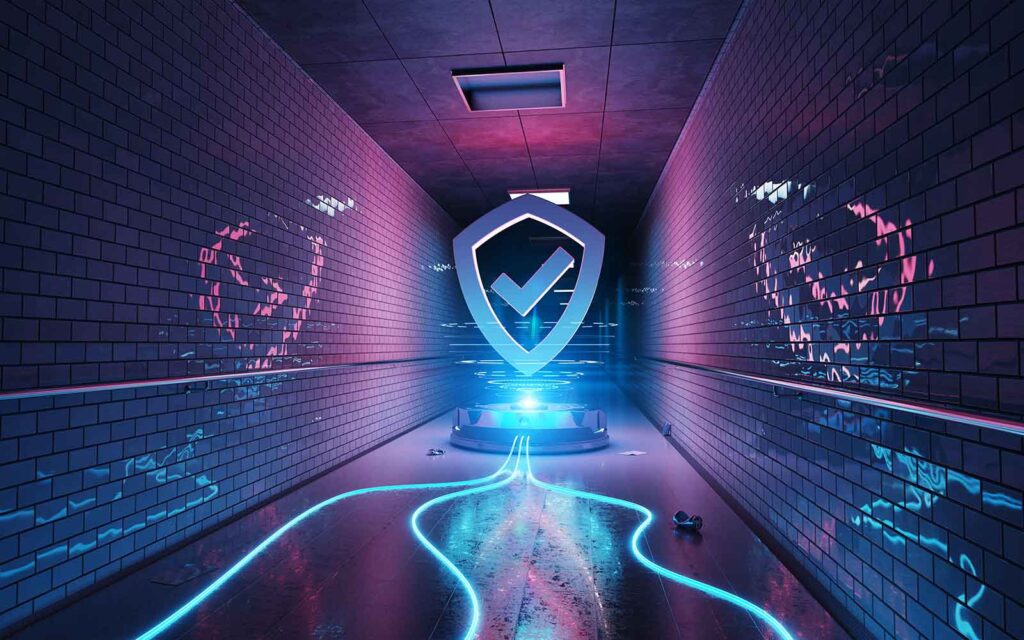shield with a check mark in a hallway