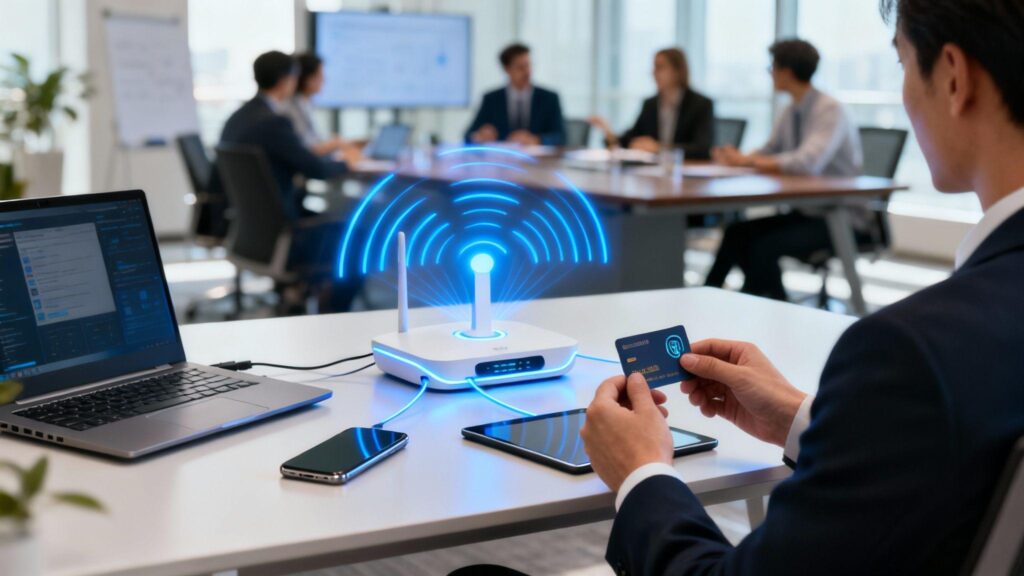 person connecting to wifi router