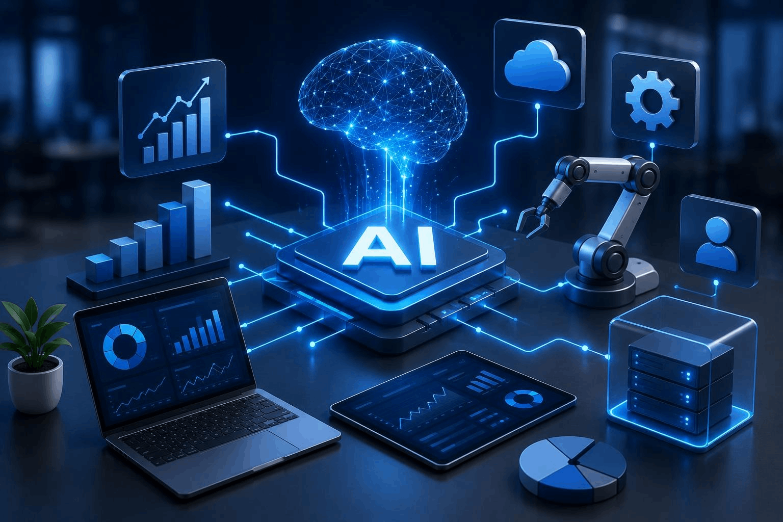 Blue Business AI Visual AI chip connecting to multiple services