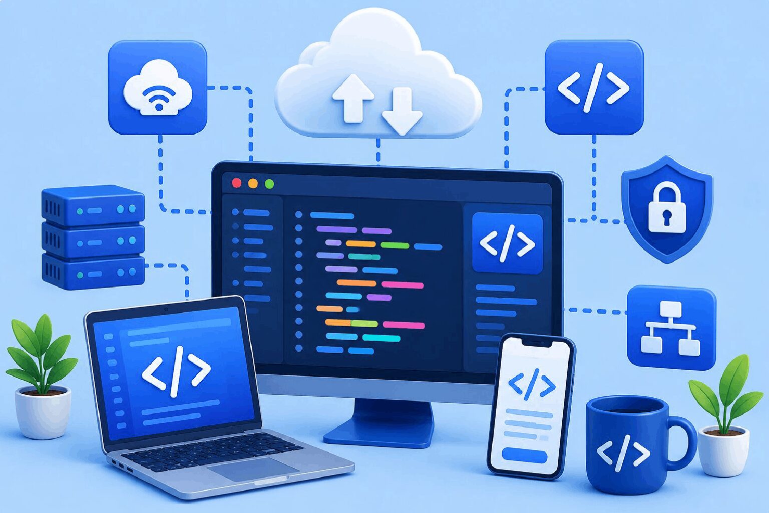 Blue Software development visual with multiple devices and coding on a monitor
