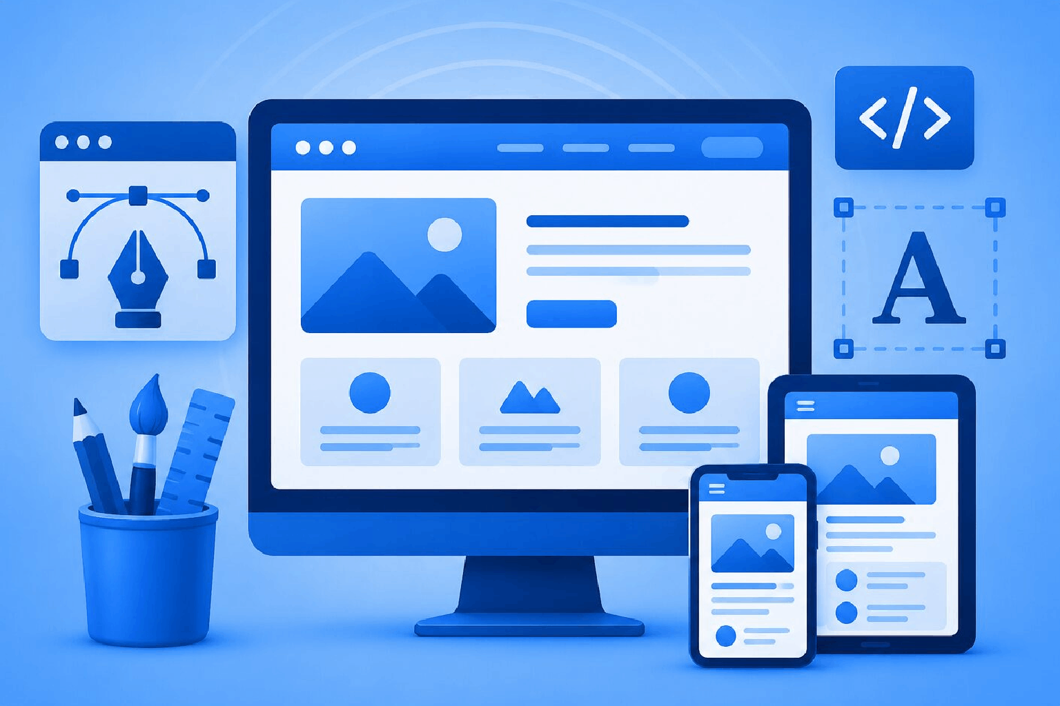 Blue Web Design Visual with different devices and tools